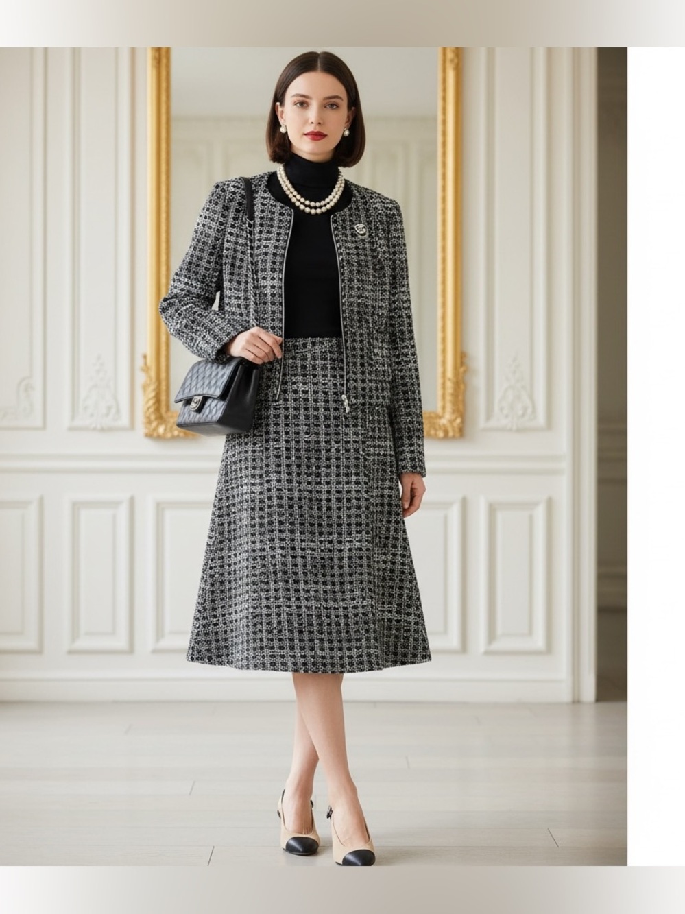 3 Suisses Women's Black & White Tweed Zip-Front Jacket S